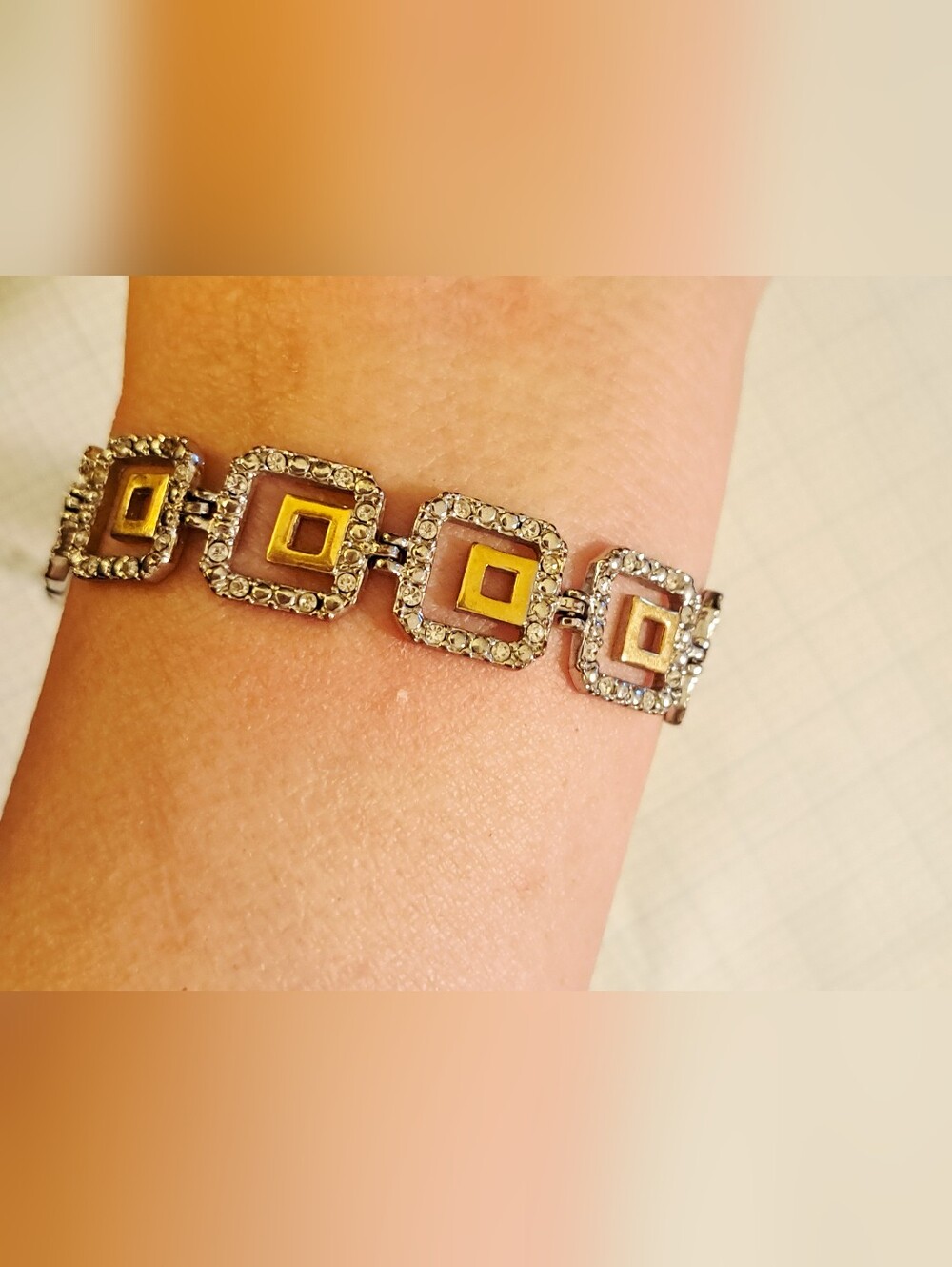 Faux Diamond Embellished Square Link Bracelet in Silver and Gold Tones